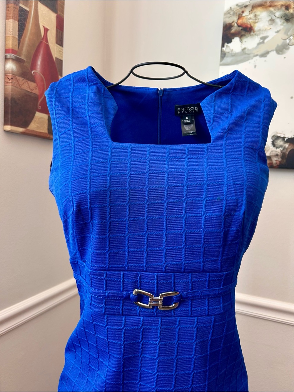 Enfocus Studio Cobalt Blue Textured Sheath Dress with Gold Buckle